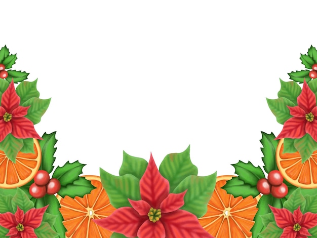 Kerst vector decoratieve kostganger met poinsettia, hulst bladeren en sinaasappelen.