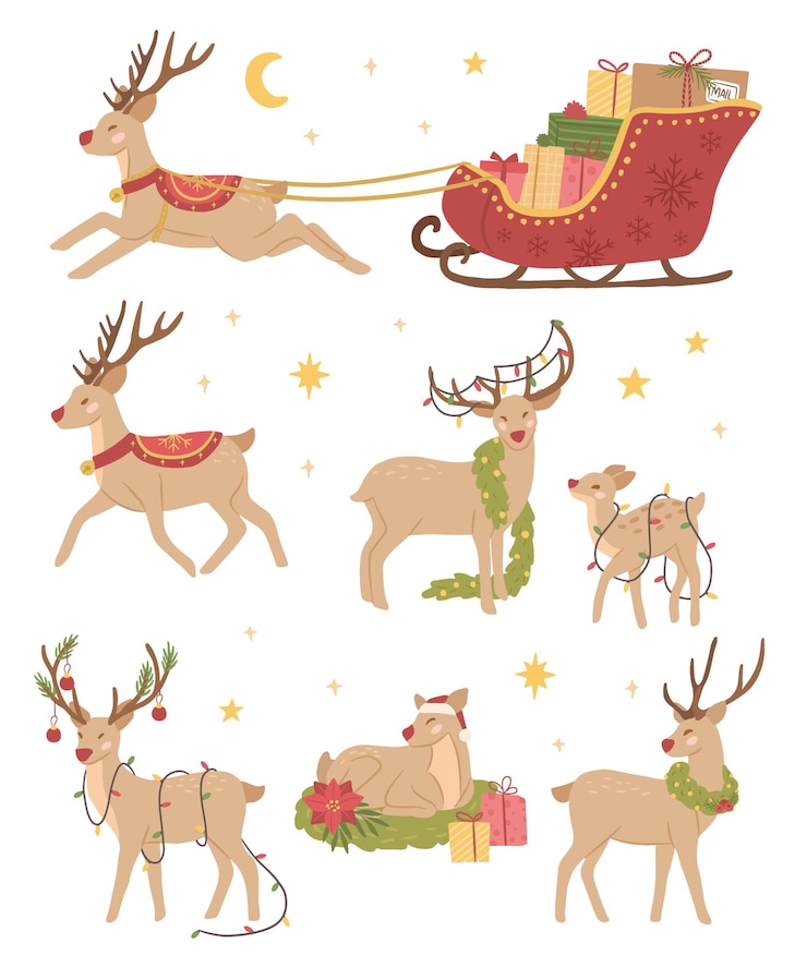 Vector kerst vector illustratie van verschillende willekeurige rendieren decoraties