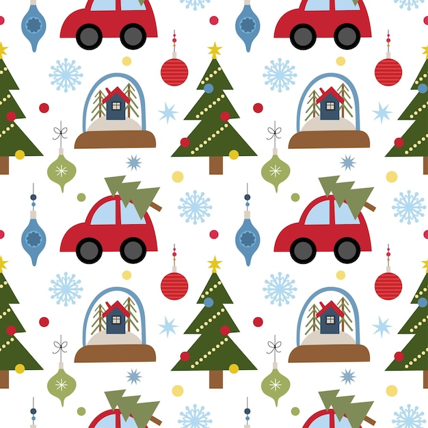 Vector kerst vector naadloos patroon met een illustratie van een rode auto, een sneeuwbol, sterren, sneeuwvlokken