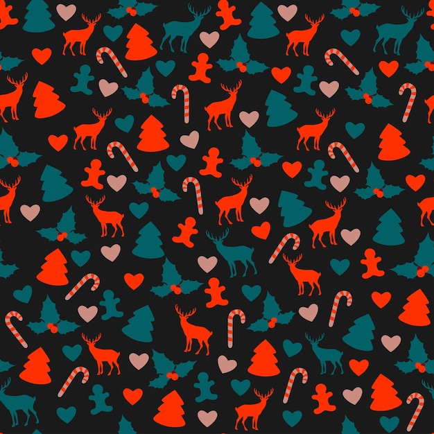 Kerst vector naadloos patroon met lieve kerstbomen en andere symbolen van de vakantie