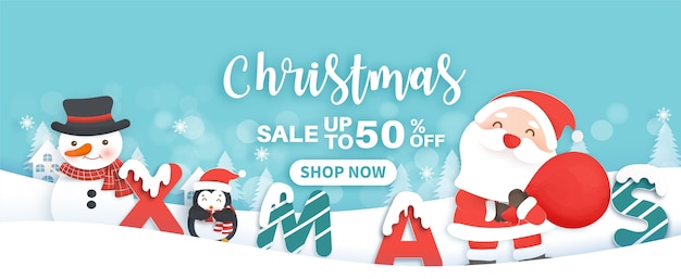 Kerst verkoop banner met een schattige kerstman en vrienden in papierstijl.