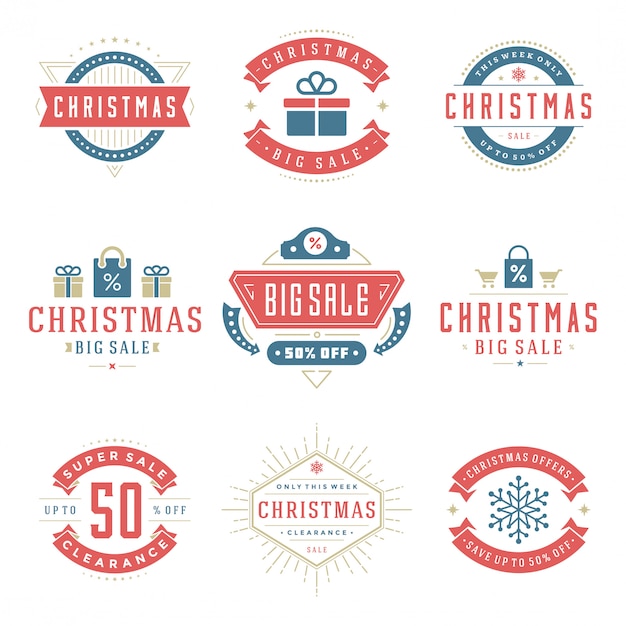 Kerst verkoop labels en badges met tekst typografische decoratie vintage stijlenset