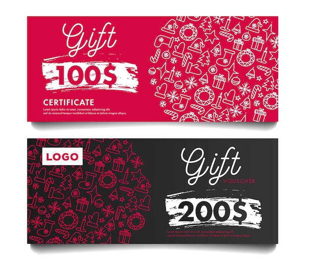 Kerst verkoop vector cadeaubon kaarten met geld in dollars en vector lineaire doodle patroon