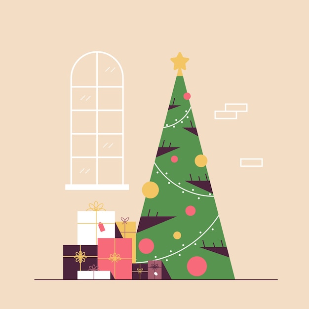 Kerst versierde groene dennenboom met cadeau huidige dozen vrolijk kerstfeest gelukkig nieuwjaar vakantie viering concept vectorillustratie