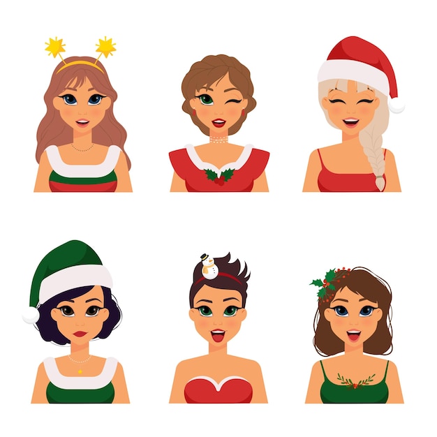 Vector kerst vrouwelijke emoties - verzameling van vrouwen met haarbanden, hoeden en kerstkostuums - vector