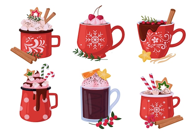 Kerst warme drank bekers Rode xmas mok met warme cacao en marshmallow met kaneel stokjes winter vakantie drankjes platte vector illustratie set Xmas warme drank bekers collectie