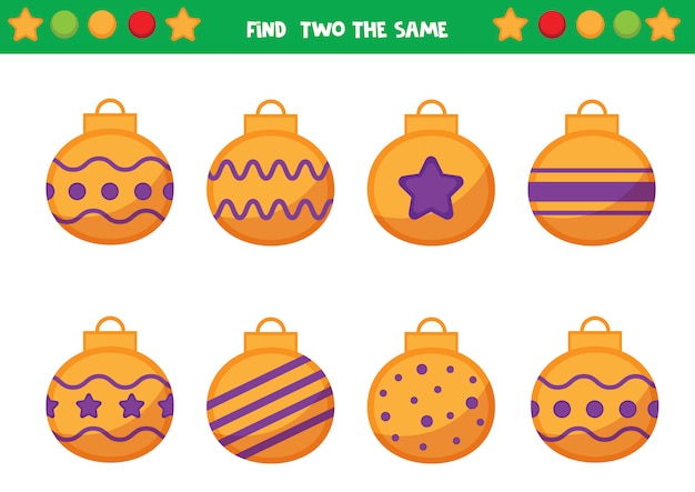 Kerst werkblad voor kleuters. zoek twee dezelfde kerstballen. educatief spel voor kinderen.