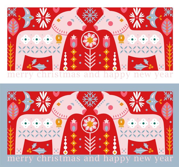 Kerst winter etnische folklore met paard ornament ontwerp achtergronden ingesteld voor kaart ansichtkaart poster stof