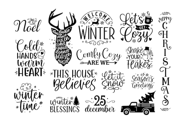 Kerst winter vakantie belettering set citaten gezegden kalligrafie wenskaart vectorillustratie