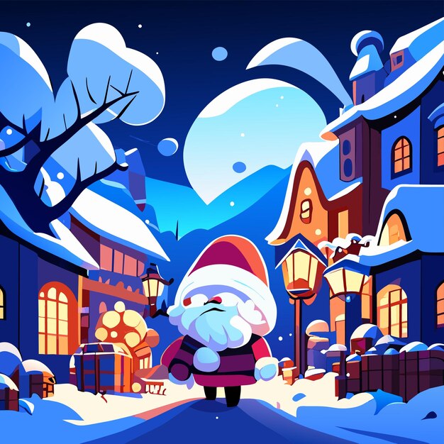 Kerst winterscene met de kerstman hand getekende platte stijlvolle cartoon sticker