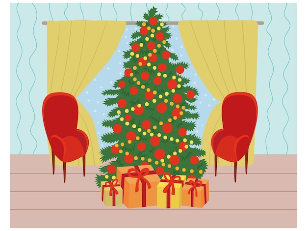 Kerst woonkamer interieur Vector interieur met kerstboom en cadeautjes Gordijnen fauteuil decor