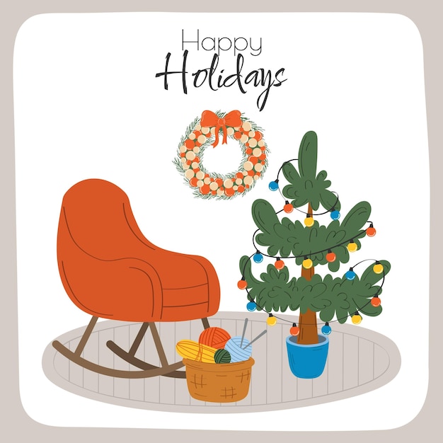 Kerst woonkamer met fauteuil, bol wol en kerstboom. Vector illustratie.