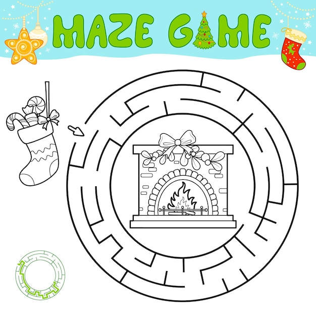 Kerst zwart-wit doolhof puzzelspel voor kinderen. Overzicht cirkel doolhof of labyrint spel met kerst sok en open haard.