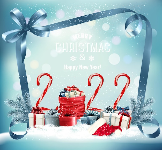 Kerstachtergrond met een rode zak vol cadeautjes, snoepkegel en kerstmuts. Vector.