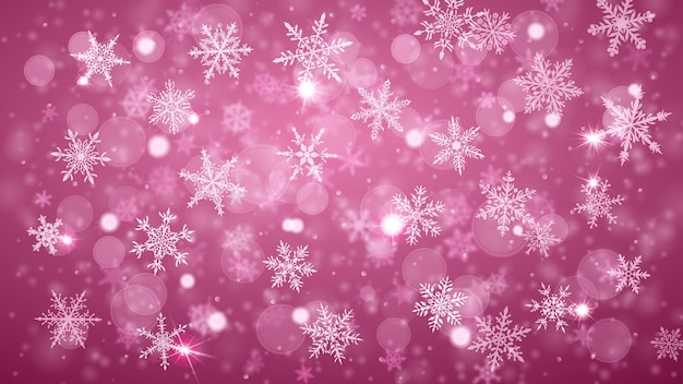 Kerstachtergrond van complexe wazige en heldere vallende sneeuwvlokken in paarse kleuren met bokeh-effect