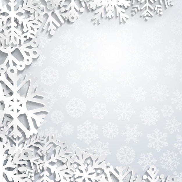 Kerstachtergrond van papieren sneeuwvlokken met schaduwen