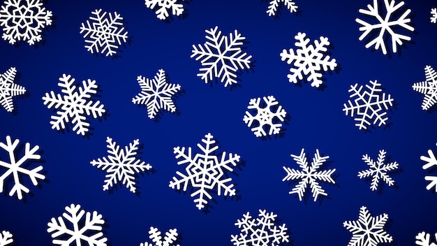 Kerstachtergrond van sneeuwvlokken in verschillende vormen en maten met schaduwen. wit op donkerblauw.