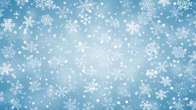 Kerstachtergrond van sneeuwvlokken in verschillende vormen, maten en transparantie in lichtblauwe kleuren