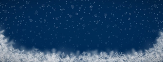 Kerstachtergrond van sneeuwvlokken in verschillende vormen, maten, vervaging en transparantie op donkerblauwe achtergrond