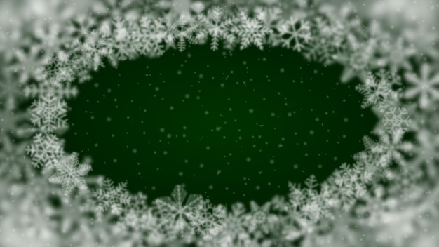 Kerstachtergrond van sneeuwvlokken van verschillende vormonscherpte en transparantie gerangschikt in een ellips op groene achtergrond