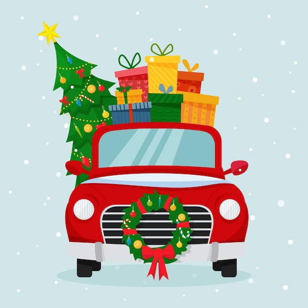 Kerstauto met de kerstman als chauffeur met cadeautjes, boom en versieringen. platte cartoon stijl vectorillustratie.