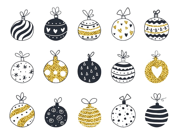 Kerstbal ornamenten, met de hand getekende Scandinavische stijl. Goud en zwarte kleur, vectorillustratie