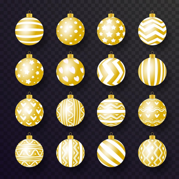 Kerstbal set gouden realistische stijl met verschillende patroon en kleur geïsoleerd op transparante achtergrond Vector 10 eps