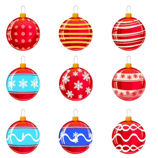 Kerstballen. Verzameling van geïsoleerde cartoon decoraties. Vector illustratie.