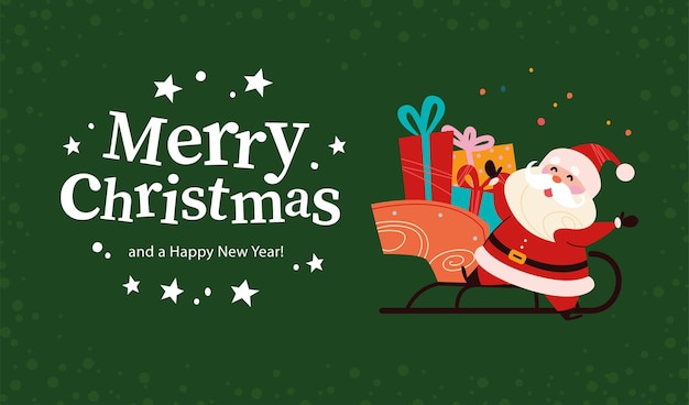 Kerstbanner met schattig gelukkig Santa Claus-karakter, slee vol cadeautjes, tekst Merry Christmas-groet op groene besneeuwde achtergrond. Platte vectorillustratie. Voor kaart, pakket, web, uitnodiging.