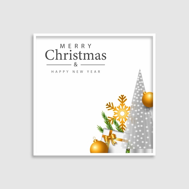 Kerstbanner met witte geschenkdoos, kerstballen, pijnboomtakken. Nieuwjaar vector illustration.vector