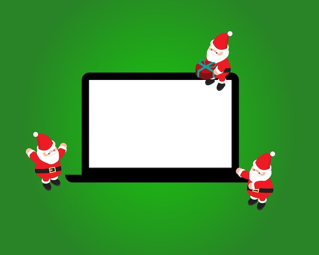 Kerstbannersjabloon met kerstman met laptopscherm