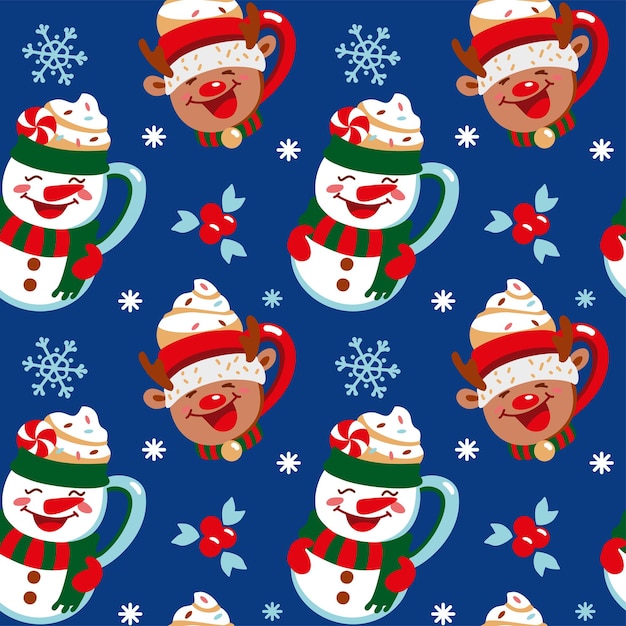 Kerstbekers in de vorm van een sneeuwpop en een hert op een blauwe achtergrond. Naadloze patroon. Vector.