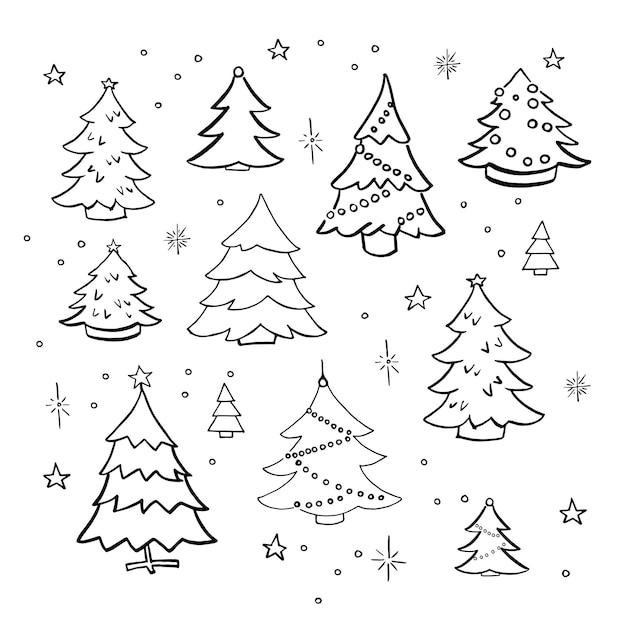 Kerstbomen doodle set. Collectie van handgetekende versierde kerstbomen. Vector illustratie. Geïsoleerd op wit.