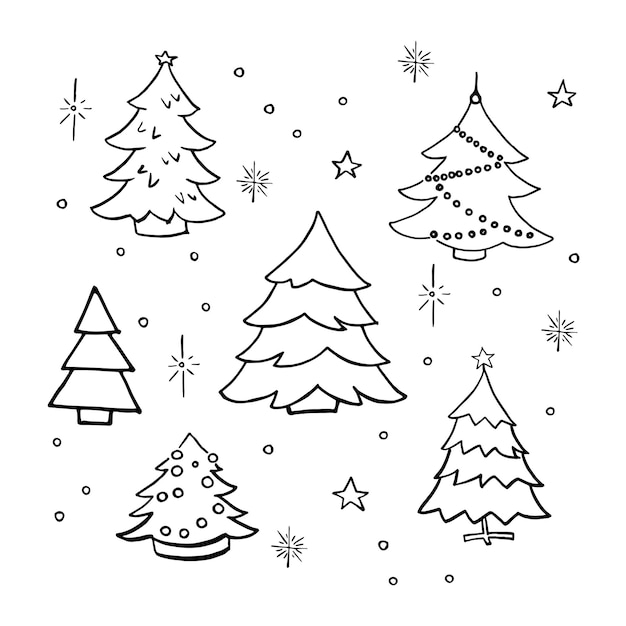 Kerstbomen doodle set. Collectie van handgetekende versierde kerstbomen. Vector illustratie. Geïsoleerd op wit.