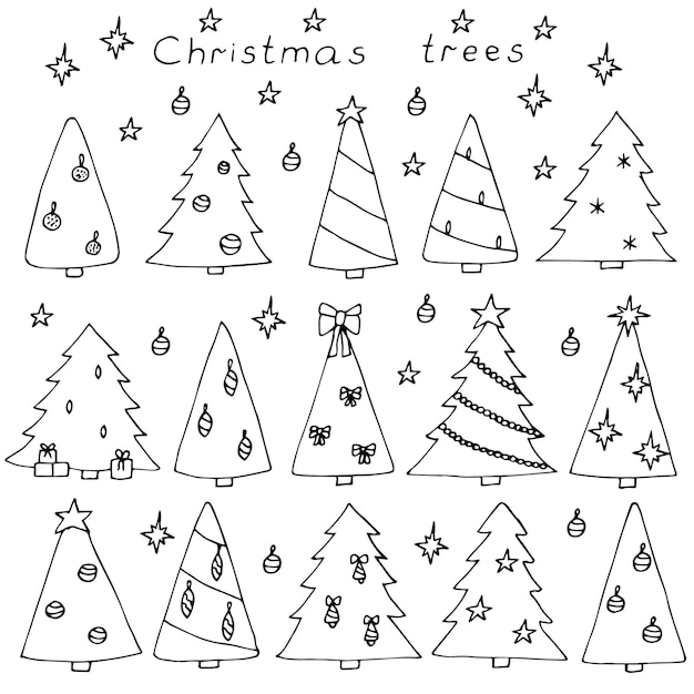 Kerstbomen set doodles vector illustratie hand tekening