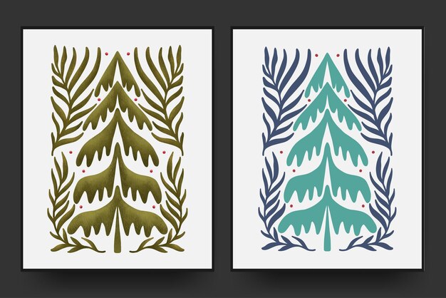 Kerstboom abstracte florale matisse minimale stijl met de hand getekend vlakke en gestructureerde ontwerp kunst set