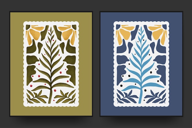 Kerstboom abstracte florale matisse minimale stijl met de hand getekend vlakke en gestructureerde ontwerp kunst set