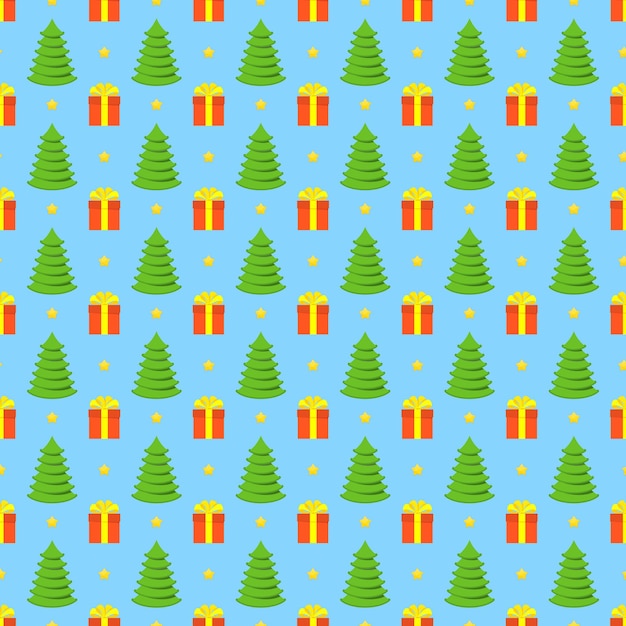 Kerstboom en geschenken op een blauwe achtergrond. Kerstmis en Nieuwjaar naadloos patroon. Platte vectorillustratie.