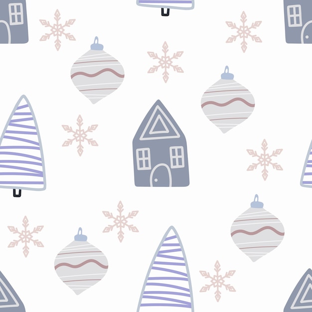 Kerstboom en sneeuwvlok naadloos patroon Nieuwjaar Vectorillustratie in Scandinavische stijl