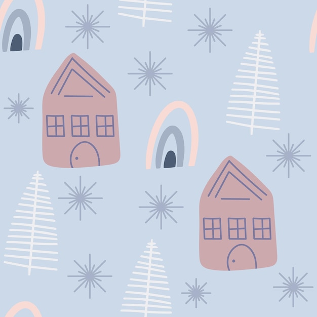 Kerstboom en sneeuwvlok naadloos patroon Nieuwjaar Vectorillustratie in Scandinavische stijl