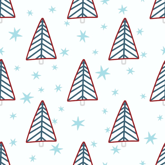 Kerstboom en sneeuwvlok naadloos patroon Nieuwjaar Vectorillustratie in Scandinavische stijl