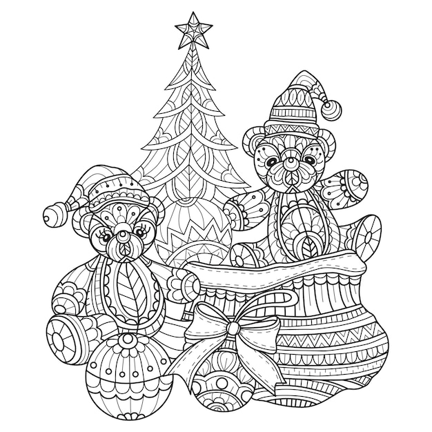 Kerstboom en teddybeer met de hand getekend voor een kleurboek voor volwassenen