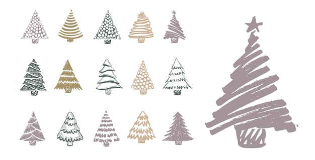 Kerstboom hand getekende illustraties. Vector.