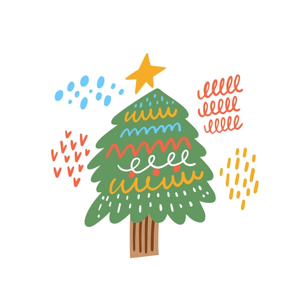 Kerstboom hand getrokken kunst vectorillustratie voor wenskaart.