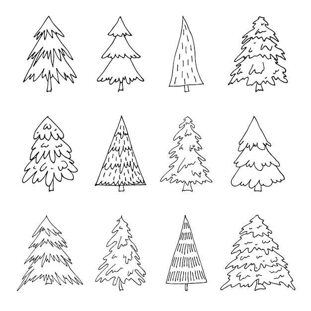 Kerstboom handgetekende clipart Spruce doodle set Enkel element voor kaart print design decor