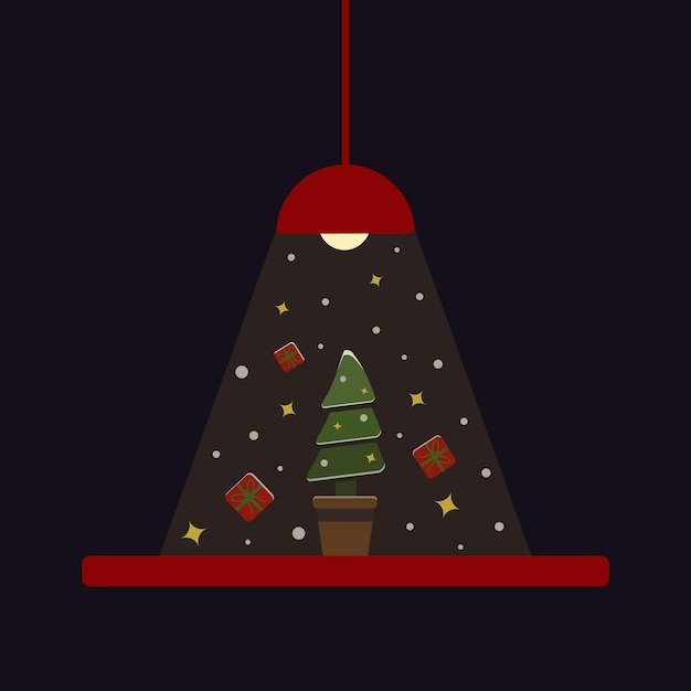 Kerstboom in een pot verlicht door een rode lamp met geschenken, sterren en dwarrelende sneeuw op een donkere purp