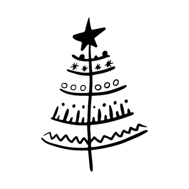 Kerstboom in krabbelstijl. Handgetekende schets van een kerstboom. Vector illustratie