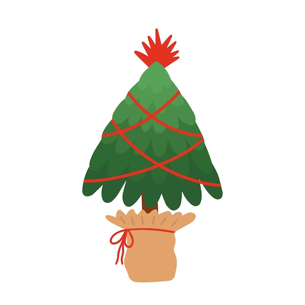 Kerstboom in vlakke stijl in handgemaakte pot vectorillustratie kerstwenskaart met versierde boom