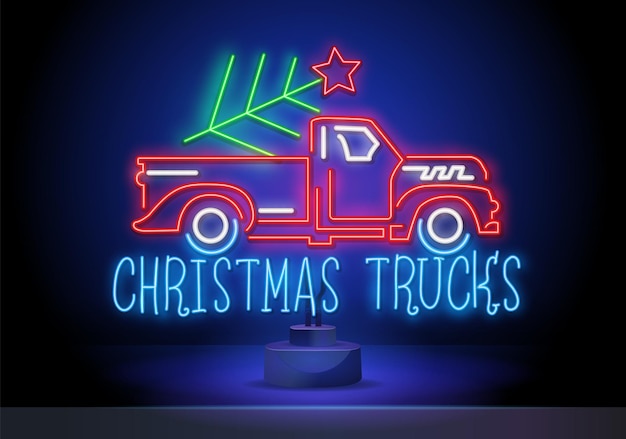 Kerstboom in vrachtwagen neon teken. Spar, boom, Nieuwjaar. Nacht heldere advertentie. Vectorillustratie in neonstijl voor banner, billboard
