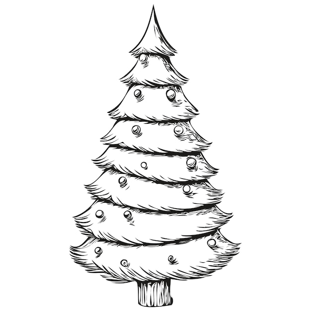 Kerstboom met de hand getekende logo vintage sketch distinctive emblematic artwork concept voor seizoensgebonden thema's zwart wit geïsoleerd vector inkt contouren sjabloon voor groetekaart poster uitnodigingslogo